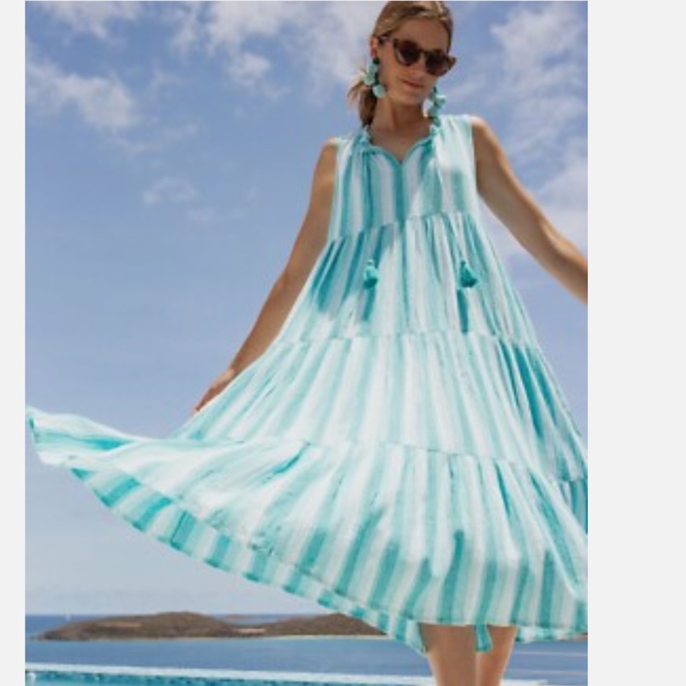Tuckernuck Aqua Striped Maxi Dress NWT Resortwear Flowy Coastal Tassels Size XS